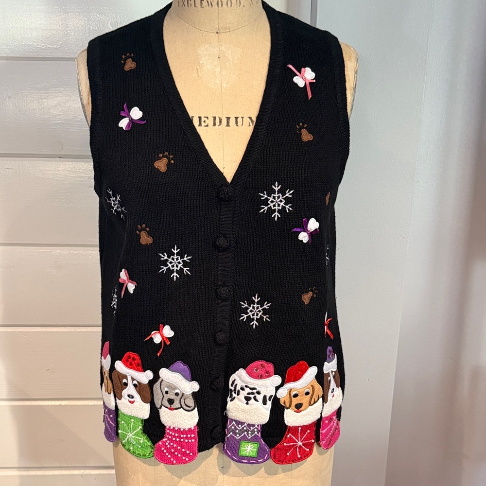 Vintage Christmas Sweater Vest Dogs in Stocking embellished Carly St Claire